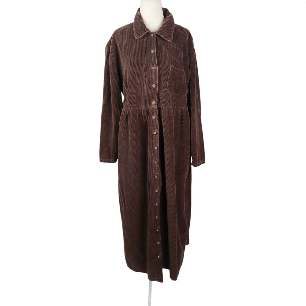 Vintage 90s Match Dark Brown Corduroy Maxi Shirt Dress 18